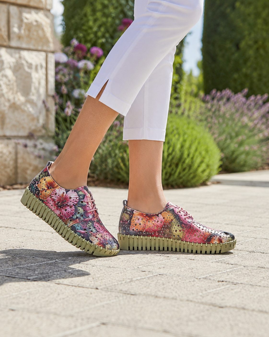 Just Bee Clarity floral casual shoe worn outdoors
