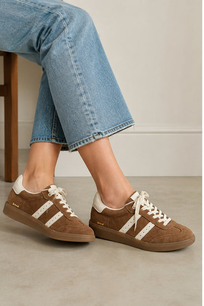 Scholl Candy taupe sneaker worn by a model