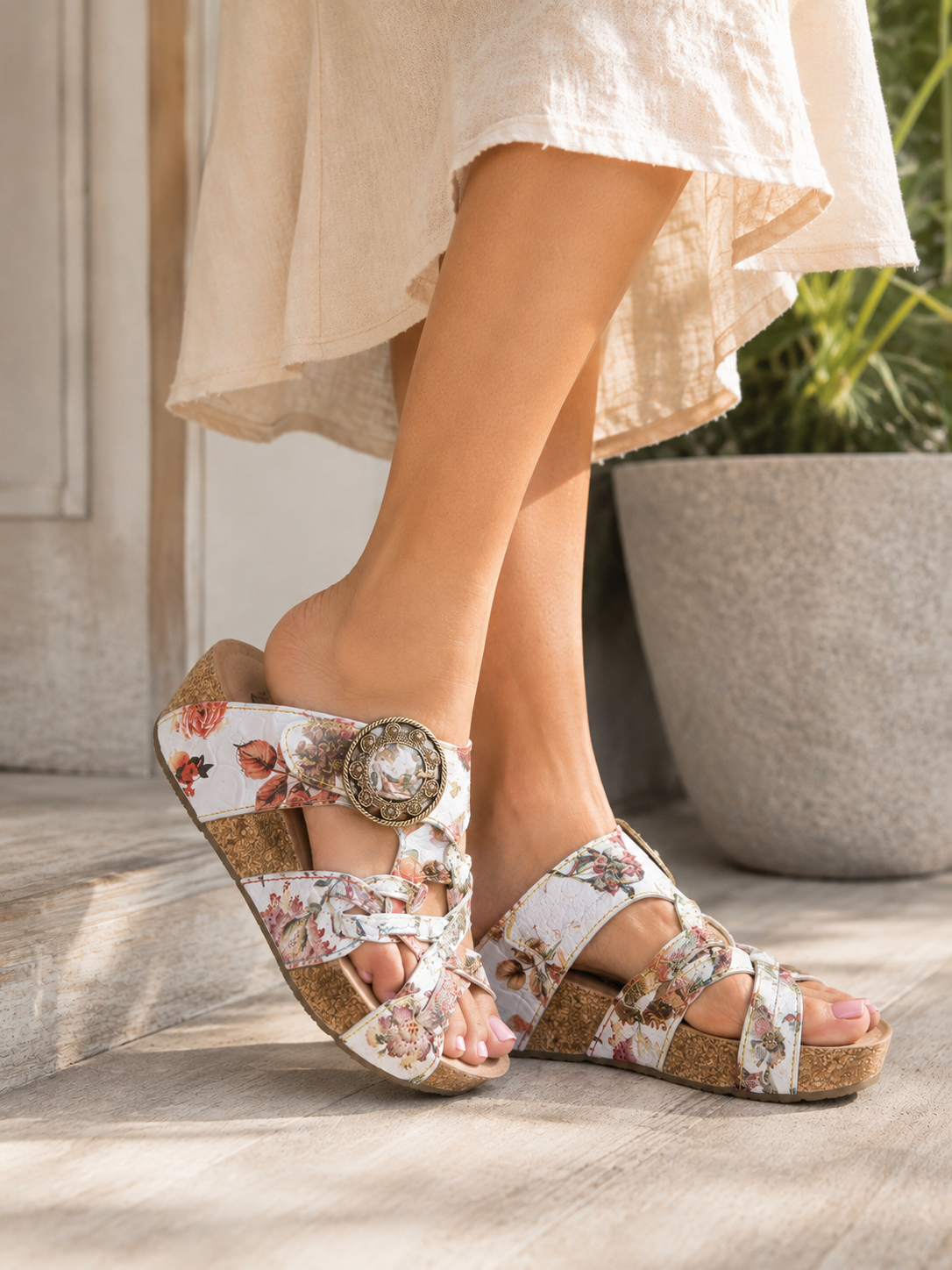 Model wearing Hinako Tenerife floral wedge sandals