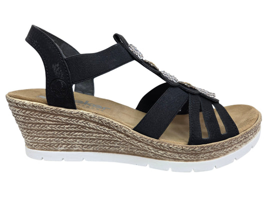 Rieker 619B2/00 black embellished wedge sandal side view
