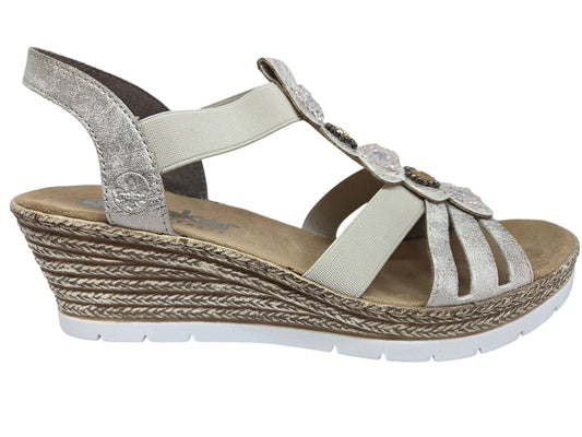 Rieker 619B2 beige silver wedge sandal side view