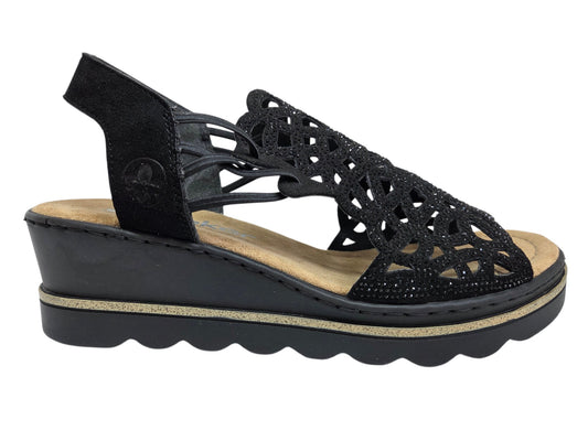 Rieker 67465 Black Sparkle wedge sandal